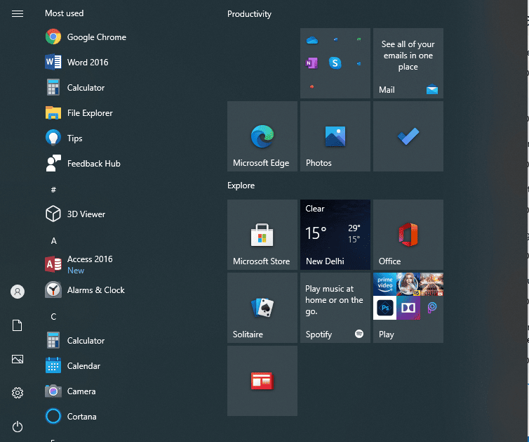 windows 10 default start menu layout