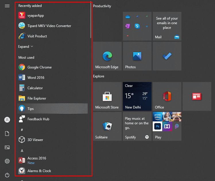 windows start menu