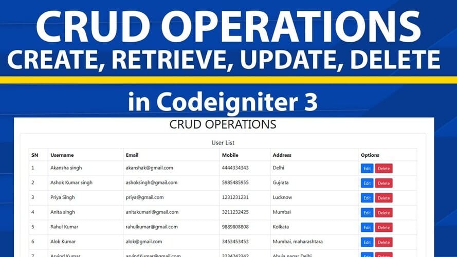PHP Codeigniter 3 - Basic CRUD Operation with MySQL Database with example